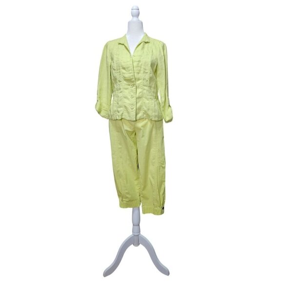 Chico lime green linen military style jacket and cotton capri cargo pants size 0 - Picture 1 of 15